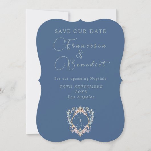 Bruiloft foto Regency Era Blauw Monogram Save The Date (Voorkant)