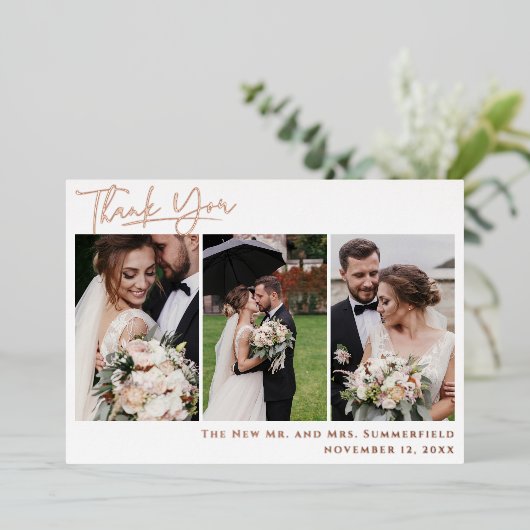 Bruiloft Foto Roos Gouden Folie Script Dank u Kaar Folie Uitnodiging (Staand Voorkant)