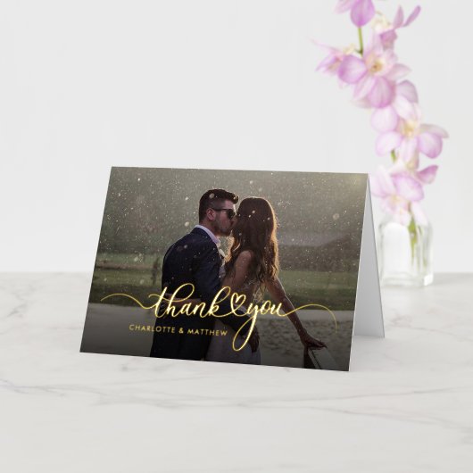Bruiloft foto u handgeschreven dank u goud folie wenskaart (Orchidee)