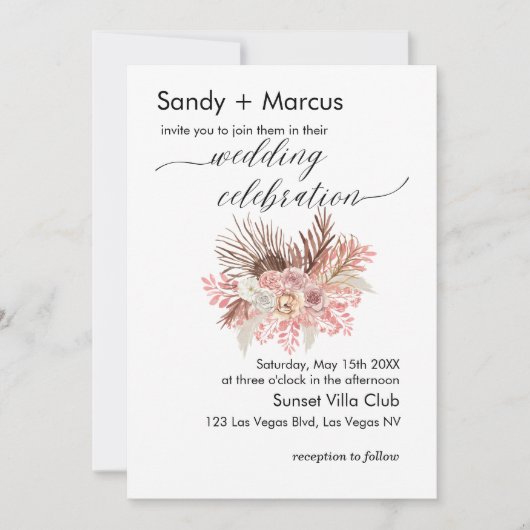 Bruiloft Foto Uitnodiging Boho Dusty Roos Bloemen (Voorkant)