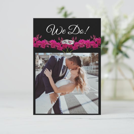 Bruiloft foto uitnodiging-fuchsia orchideeën op zw kaart (Staand voorkant)