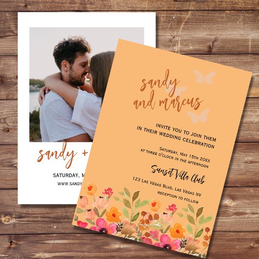 Bruiloft foto uitnodiging roze perzik tuin bloeit