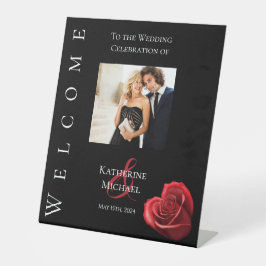 Bruiloft foto welkom teken-hart vormige rode roos- reclamebord met voetstuk