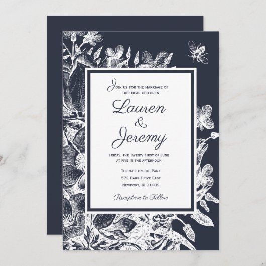 Bruiloft Franse boerderij Floral Navy & White Kaart (Voorkant / Achterkant)