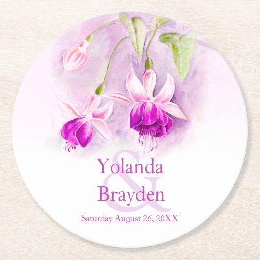 Bruiloft fuchsia waterverf kunst papier onderzette ronde kartonnen onderzetter (Voorkant)
