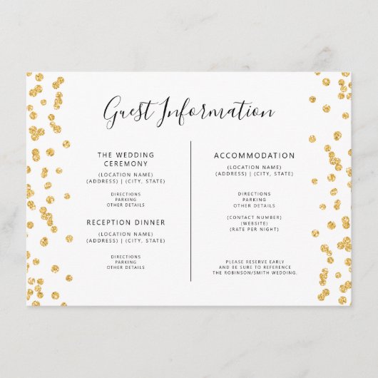 Bruiloft Gast Info Invoegen Gold Glitter Confetti Informatiekaartje (Voorkant)