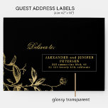 Bruiloft gasten 24 aangepaste zwarte adresetikette sticker<br><div class="desc">Gepersonaliseerde eenvoudige minimale adresetiketten van individuele bruiloftsgasten (24 ontvangers) voor uitnodigingsmailings,  met trendy minimalistische typografie in formeel klassiek zwart en goud.       De grootte van één etiket is cca 4, 2 x 1, 7 duim voor een 14 x 14 duimblad (Extra-Groot)</div>