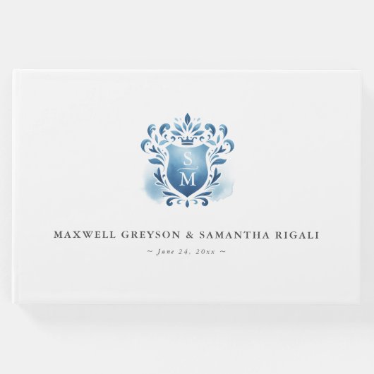 Bruiloft Gastenboek Blauw Monogrammed Crest (Voorkant)