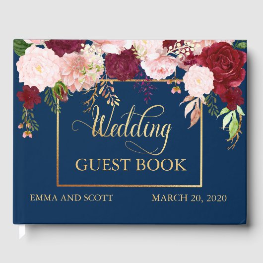 Bruiloft Gastenboek Bourgogne Marine Gouden Bloem (Voorkant)