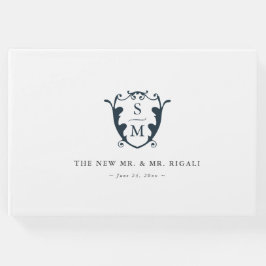 Bruiloft Gastenboek Monogram Crest Navy Blauw