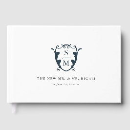 Bruiloft Gastenboek Monogram Crest Navy Blauw
