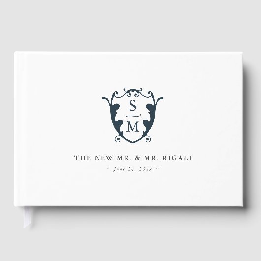 Bruiloft Gastenboek Monogram Crest Navy Blauw (Voorkant)