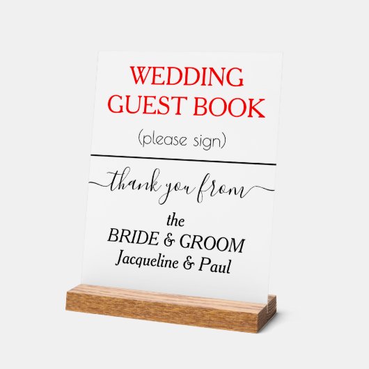 Bruiloft Gastenboek NAMEN Wit Rood Acryl Bord (Hoek)