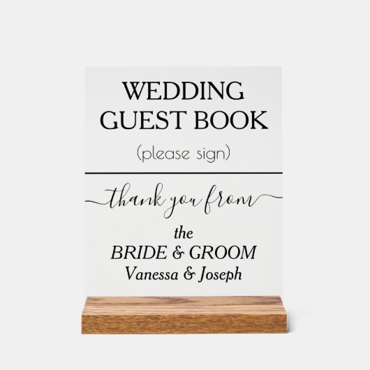 Bruiloft Gastenboek NAMEN Zwart Wissen Acryl Bord (Voorkant)
