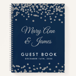 Bruiloft Gastenboek Silver Glitter Confetti Navy Notitieboek