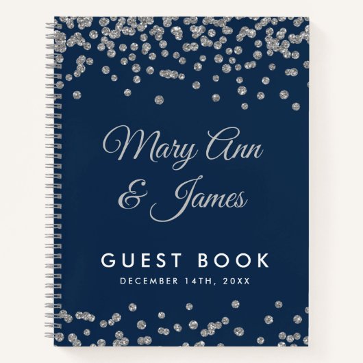 Bruiloft Gastenboek Silver Glitter Confetti Navy Notitieboek (Voorkant)