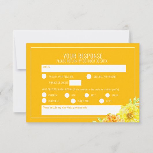 Bruiloft geel goudsbloem bloemen hand waterverf RSVP kaartje (Achterkant)