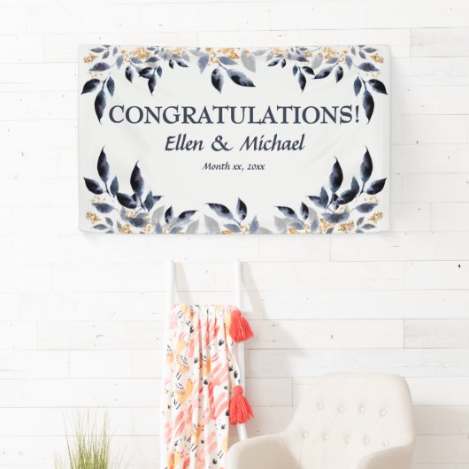 Bruiloft gefeliciteerd Banner Elegant Blauw Goud (Insitu)