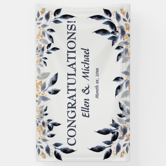 Bruiloft gefeliciteerd Banner Elegant Blauw Goud (Verticaal)