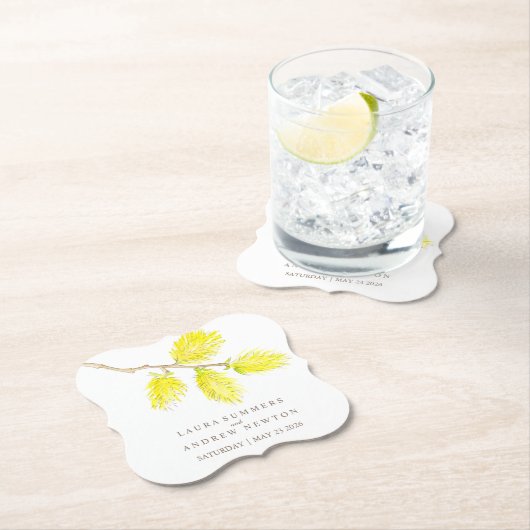 Bruiloft gele catkins custom papier onderzetters (Insitu)