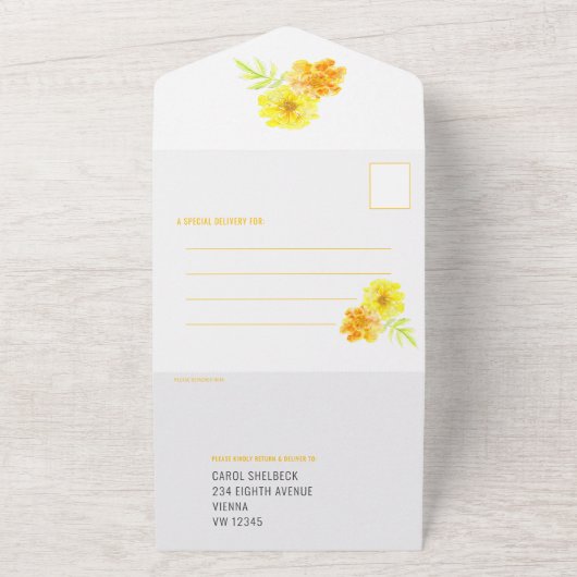 Bruiloft gele goudsbloem bloemen waterverf all in one uitnodiging (Buitenkant)