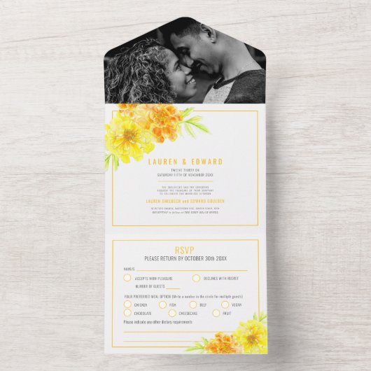 Bruiloft gele goudsbloem bloemen waterverf all in one uitnodiging (Binnen)