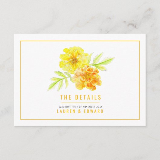 Bruiloft gele goudsbloem waterverf de details informatiekaartje (Voorkant)