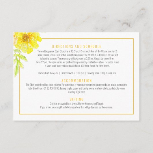 Bruiloft gele goudsbloem waterverf de details informatiekaartje (Achterkant)