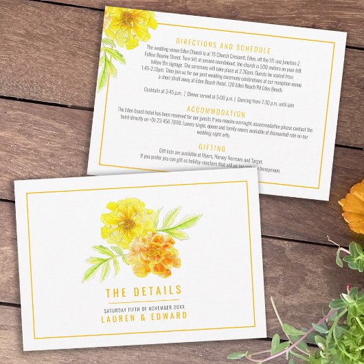 Bruiloft gele goudsbloem waterverf de details informatiekaartje