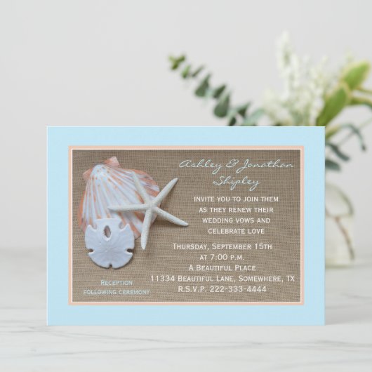 Bruiloft gelofte vernieuwing strand burlap look kaart (Staand voorkant)