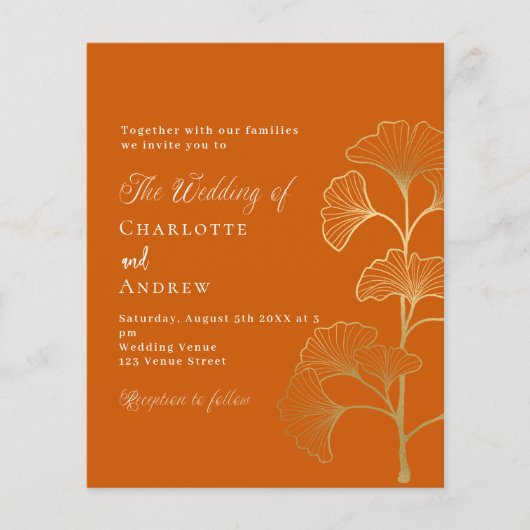Bruiloft ginkgo blad sinaasappel gouden budget uit (Voorkant)