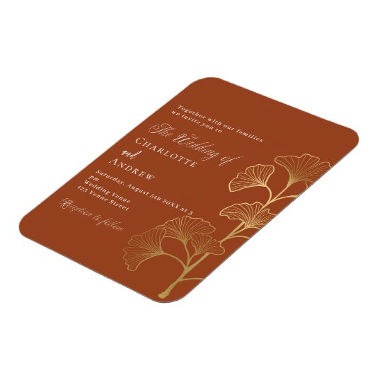 Bruiloft ginkgo blad terracotta gouden uitnodiging magneet (Linkerzijde)