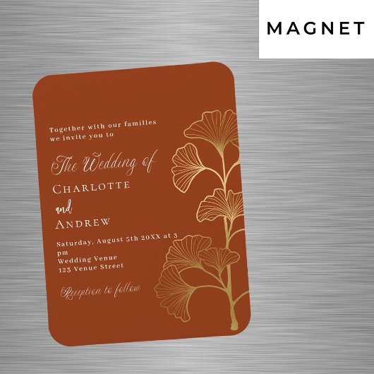 Bruiloft ginkgo blad terracotta gouden uitnodiging magneet