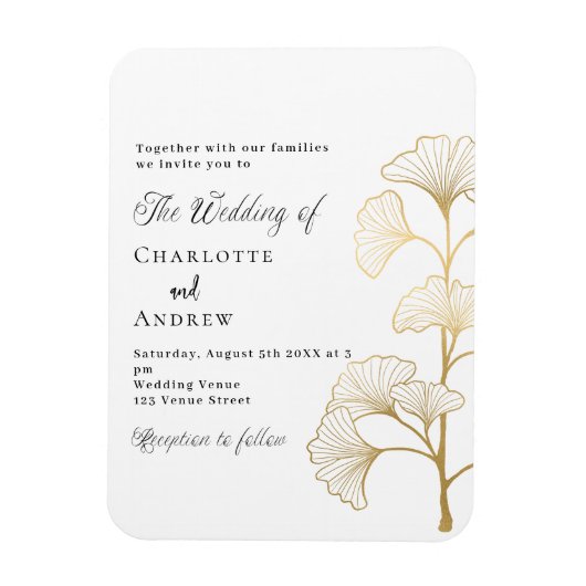 Bruiloft ginkgo blad wit goud luxe uitnodiging magneet (Verticaal)