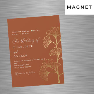 Bruiloft ginkgo bladeren terracotta bruin goud lux magnetische uitnodiging