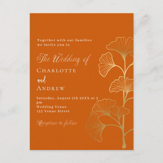 Bruiloft ginkgo bladeren verbrand sinaasappel uitnodiging briefkaart (Voorkant)