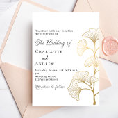 Bruiloft ginkgo laat wit goud script kaart