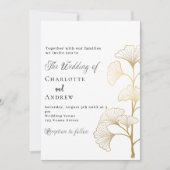 Bruiloft ginkgo laat wit goud script kaart (Voorkant)