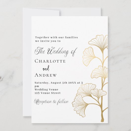 Bruiloft ginkgo laat wit goud script kaart (Voorkant)
