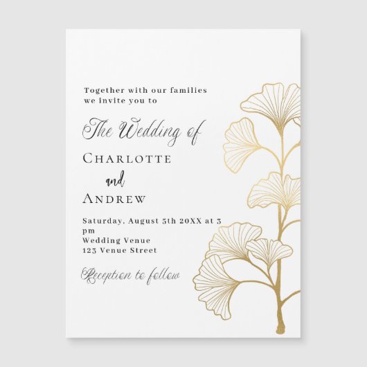 Bruiloft ginkgo laat wit goud script luxe magnetische uitnodiging (Voorkant)