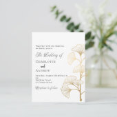 Bruiloft ginkgo laat wit goud script uitnodiging briefkaart (Staand voorkant)