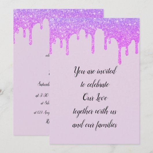 Bruiloft glam druppels sprankelend roze paarse kaart (Voorkant / Achterkant)
