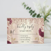 Bruiloft Glitter Bruidsboeket Roze Goud Druppels B RSVP Kaartje (Staand voorkant)