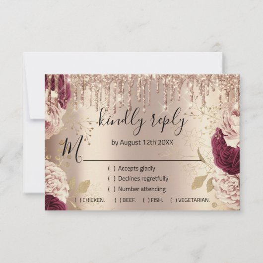 Bruiloft Glitter Bruidsboeket Rozen Goud Krans Dru RSVP Kaartje (Voorkant)