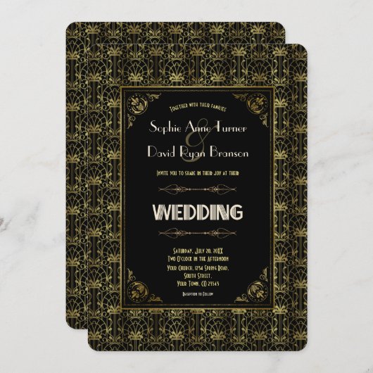 Bruiloft | Gold Black Roaring 20s Art Deco Kaart (Voorkant / Achterkant)