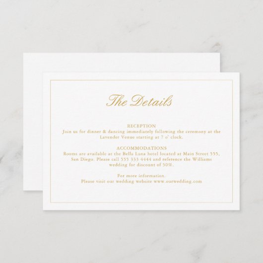 Bruiloft Gold Crest Monogram Details Kaart (Voorkant / Achterkant)