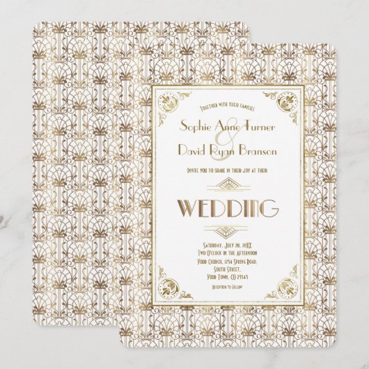 Bruiloft | Gold White Roaring 20s Art Deco Kaart (Voorkant / Achterkant)