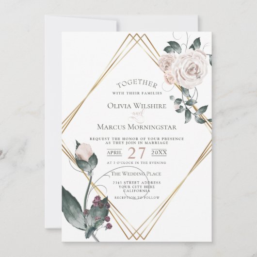 Bruiloft | Goud Lijst Bleek Roze Waterverf Roos Kaart (Voorkant)