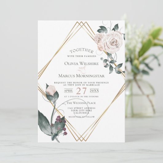 Bruiloft | Goud Lijst Bleek Roze Waterverf Roos Kaart (Staand voorkant)