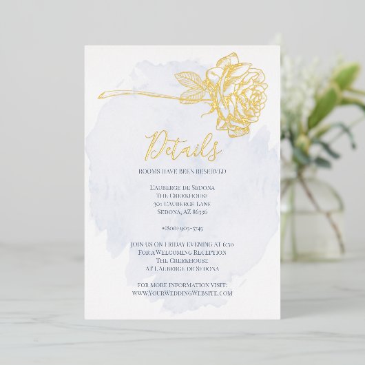 BRUILOFT | Goud Roos met goudmakreel op Dusty Blue Folie Uitnodiging (Staand Voorkant)